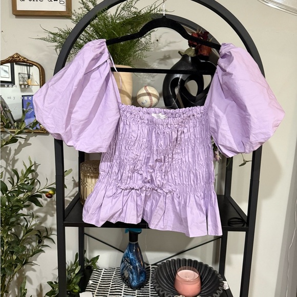 Astr the label Purple Puff Sleeve Smocked Ruffled Blouse size small - Picture 6 of 6
